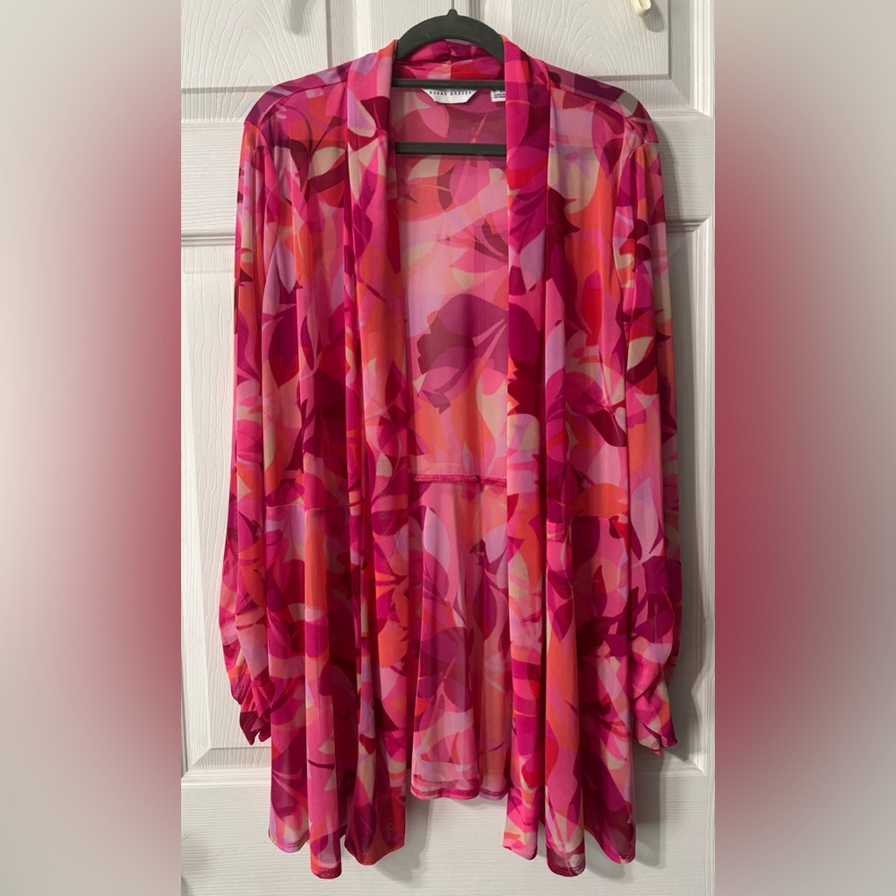 Susan Graver Size LP Petite Abstract Mesh Cardigan Hues Of Pink Lightweight